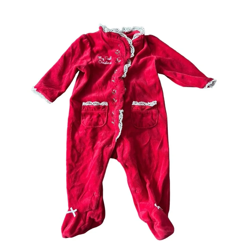 Little Me‎ infant girl red velour one piece sleeper footed size 6 months